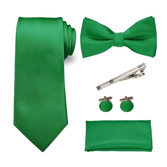 Mens 5 Piece Tie + Bow Tie + Pocket Square + Cufflinks + Clip Satin Green - Picture 1 of 5